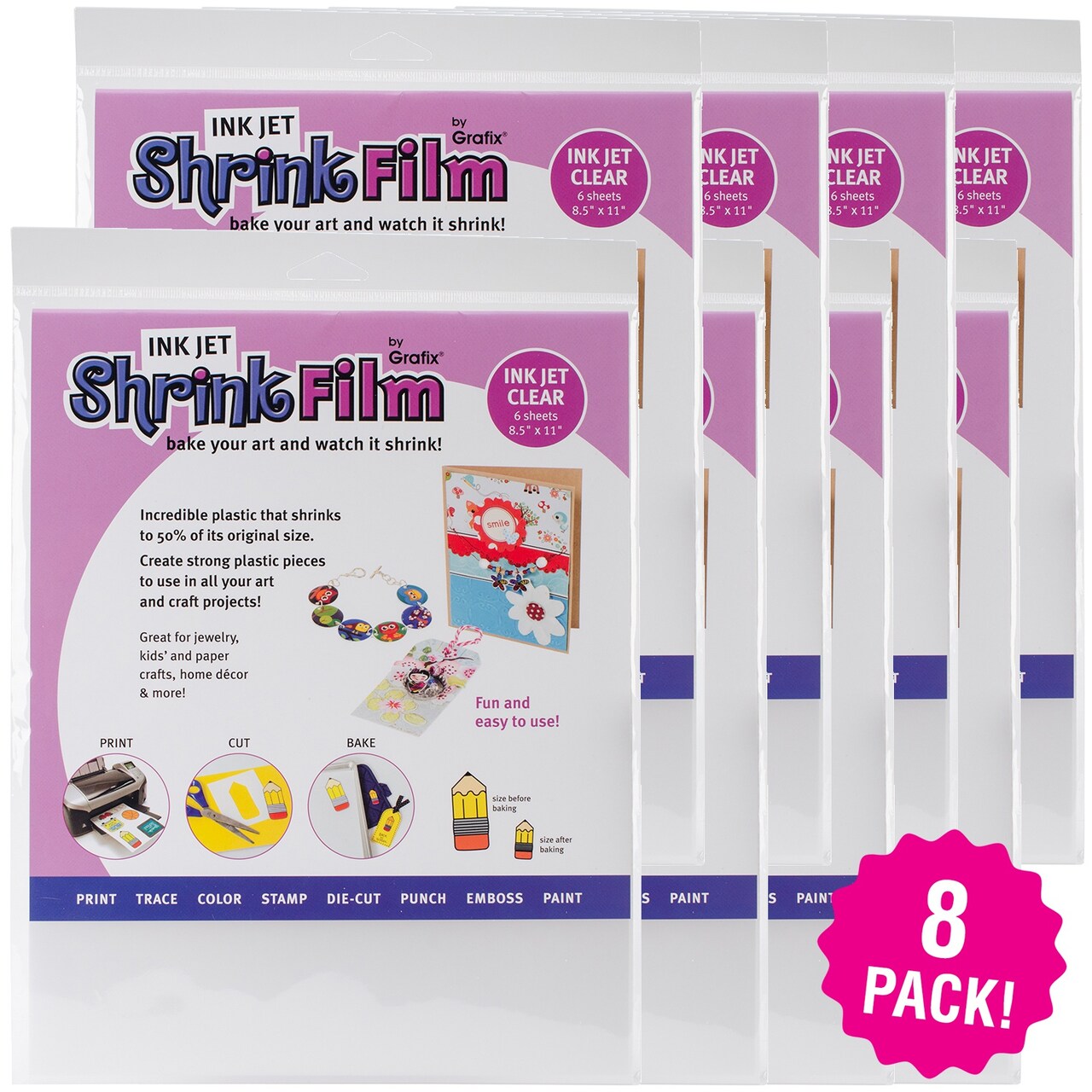 Multipack of 8 - Grafix Ink Jet Shrink Film 8.5"X11" 6/Pkg-Clear